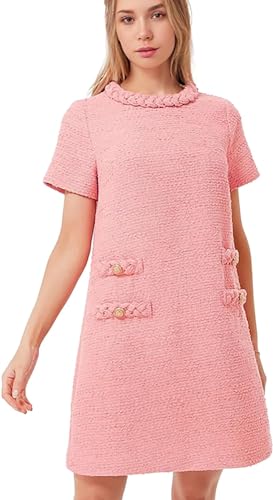 LJYAUTO Damen 60er Jahre Mod Kleid 2024 Tweed Elegant Formell Rundhals Minikleid Vintage Knopf Kurzarm A-Linie Kleider, rose, XXL LJYAUTO Damen 60er Jahre Mod Kleid 2024 Tweed Elegant Formell Rundhals Minikleid Vintage Knopf Kurzarm A-Linie Kleider, rose, XXL von LJYAUTO