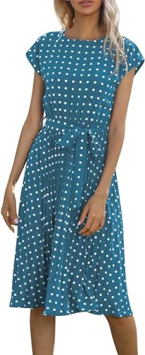 LJYYR Damen Polka Dot Midi Kleid - Casual Kurzarm Rundhals A Linie Plissee Kleid Gürtel Rüschen Babydoll Boho Sommerkleid, blau, Medium von LJYYR