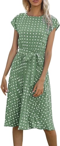 LJYYR Damen Polka Dot Midi Kleid - Casual Kurzarm Rundhals A Linie Plissee Kleid Gürtel Rüschen Babydoll Boho Sommerkleid, mint, Medium von LJYYR