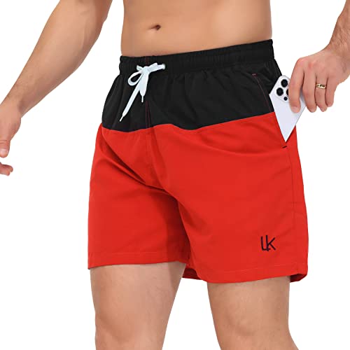 LK LEKUNI Badehose Herren Bademode für Herren Sporthose Herren Kurz Badeshorts Schwimmhose Boardshorts Kurz Sommer SchnellTrocknend Strandshorts Beachshorts Schwarz-Rot_L von LK LEKUNI