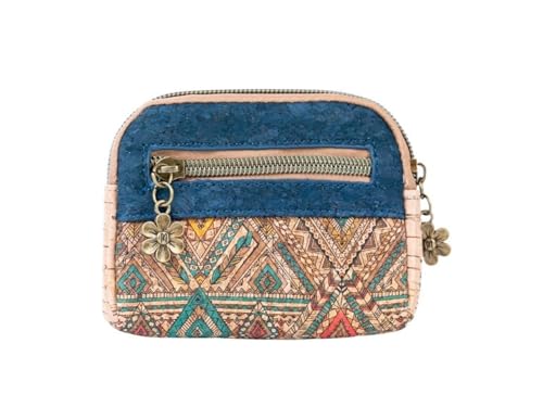 Kork-Geldbörse mit Azteken-Print, Kleine Geldbörse mit Reißverschluss und Kartenfach, Blue and Turquoise, 12W x 10L x 2H cm von LK Trend & Style