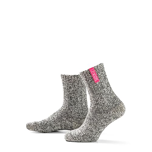 LK Trend & Style Damensocken SOXS graue Wollsocken aus Schafwolle warm Anti-Kratz Wadensocke für Damen Einheitsgröße (PINK - graue Socke mit Label pink) von LK Trend & Style