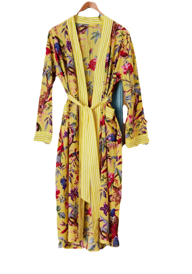 LK Trend & Style Morgenmantel Paradiesvogel-Morgenmantel - Gelb, Baumwolle, Gürtel, wunderschönes Motiv lässt den größten Morgenmuffel lächeln von LK Trend & Style