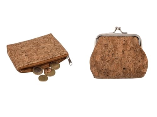 Mini Kork Geldbörse, ca. 13 x 9 cm, Reißverschluss oder Metallclip, Schlichtes Design, pflegeleicht, Handtasche geeignet (beide zusammen - Reißverschluss + Clip) von LK Trend & Style