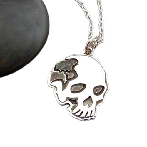 925 Sterling Silber flache Totenkopf Halskette kleine ausgehöhlte Augen Halloween Charm schlichter Schmuck zarter zierlicher Anhänger gruseliges Ghul Geschenk | mit 18 Zoll Kette | versilbert | 0389 von LKBEADS