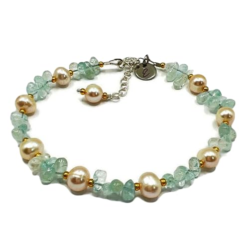 Aquamarin und Perle, 5–8 mm, rund und Nuggetform, glatt geschliffene Perlen, 17,8 cm, verstellbarer versilberter Verschluss, Armband für Männer und Frauen | LK_STACK_06977 von LKBEADS