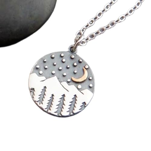 Bergkette aus 925er Sterlingsilber mit bronzefarbener Mondkette. Sternennacht-Boho-Naturschmuck. Schneebedeckte Bergkette. Winterhimmel-Sternanhänger | mit 18-Zoll-Kette | versilbert | L_PN_0069 von LKBEADS