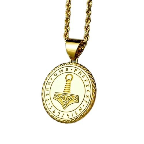 Halskette aus 925er Sterlingsilber, 22 mm | 18 Zoll Kette | Thors Hammer Mjölnir Runenseilanhänger | Wikingergott-Anhänger | Mythologie für ihn | Wikingerschmuck | Vergoldung, handgefertigt | 00325 von LKBEADS