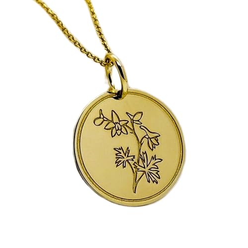 Halskette aus 925er Sterlingsilber, 25 mm | 45,7 cm Kette | Rittersporn-Geburtsblume | Rittersporn-Scheibenanhänger | Blumenanhänger für den Geburtsmonat Juli | Vergoldung, handgefertigt | 00859 von LKBEADS
