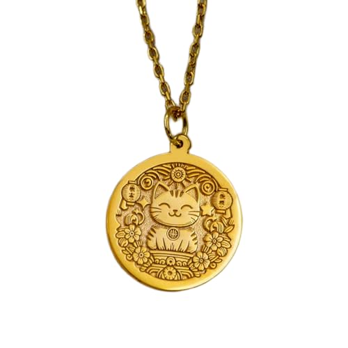 Halskette aus 925er Sterlingsilber| 22 mm 18 Zoll Kette Glückskatzen-Halskette – Maneki-Neko-Anhänger japanischer Glücksbringer minimalistischer spiritueller handgefertigter mit Vergoldung L_01571 von LKBEADS
