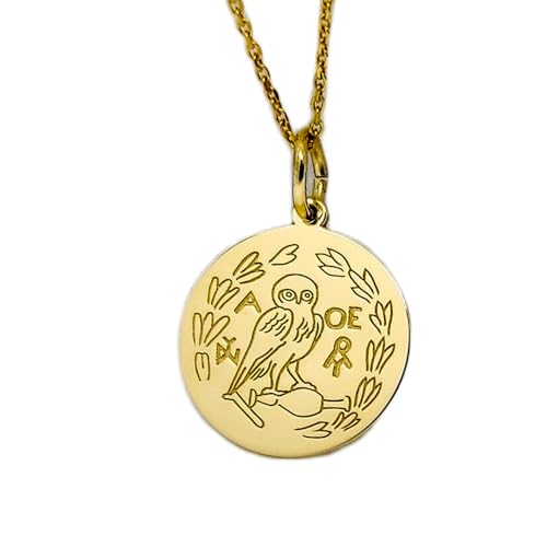 Halskette aus 925er Sterlingsilber| 28 mm| 45|7 cm Kette| vergoldeter Eulen-Scheibenanhänger| Schmucksymbol Weisheit| griechischer Eulenvogelanhänger| handgefertigte Vergoldung Athena-Eule| LG_00256 von LKBEADS