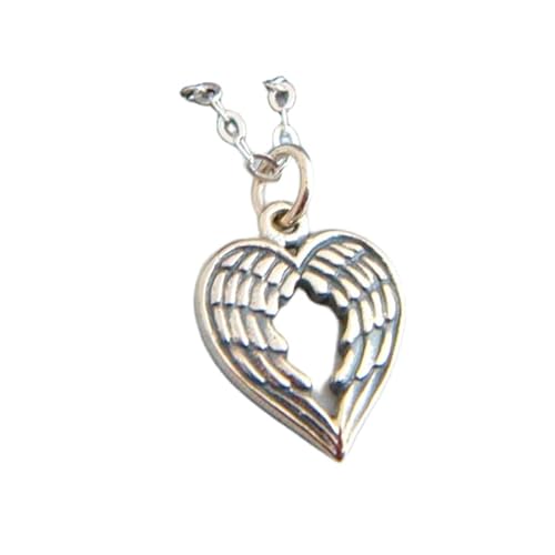 Halskette aus 925er Sterlingsilber mit doppelten Engelsflügeln und Herz, süßer Engelsanhänger, spiritueller Gedenkanhänger, Glaubensschmuck, zart und zierlich | mit 45,7 cm | versilbert | 0142 von LKBEADS