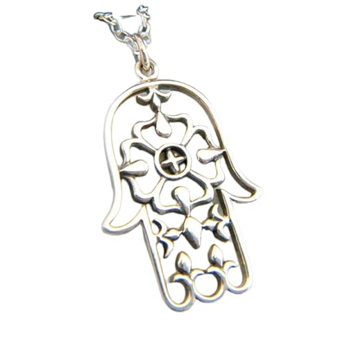 Halskette mit Hamsa-Hand aus 925er Sterlingsilber, filigran, klein, Zen-Yoga-Anhänger, Schutzsymbol, Glaubenssymbol, Schmuck, Khamsa Chamsa, verzierter Charm, Geschenk | mit 45,7 cm | versilbert | von LKBEADS
