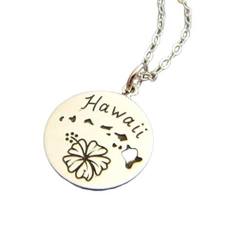 Halskette mit Hawaii-Staatssymbol aus 925er Sterlingsilber, kleiner Hibiskusblüten-Anhänger, schlichter, zierlicher Schmuck, tropischer Anhänger, Hawaii-Inselreise | mit 45,7 cm | versilbert | 0058 von LKBEADS