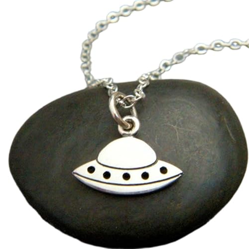 Halskette mit Raumschiff aus 925er Sterlingsilber|Kleiner Weltraumanhänger|Schmuck für Außerirdische, Wissenschaft und Geeks|Ausgefallenes, lustiges Geschenk|Kitschiger UFO-Anhänger mit Stern | Mit von LKBEADS