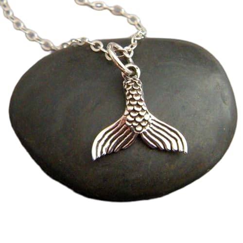 Halskette mit kleinem Meerjungfrauenschwanz aus 925er Sterlingsilber, Ozean-Anhänger, Wasser-Meeres-Sirene, mystischer Strandschmuck, Natur-Charm, Sommergeschenk für sie | mit 45,7 cm | versilbert von LKBEADS