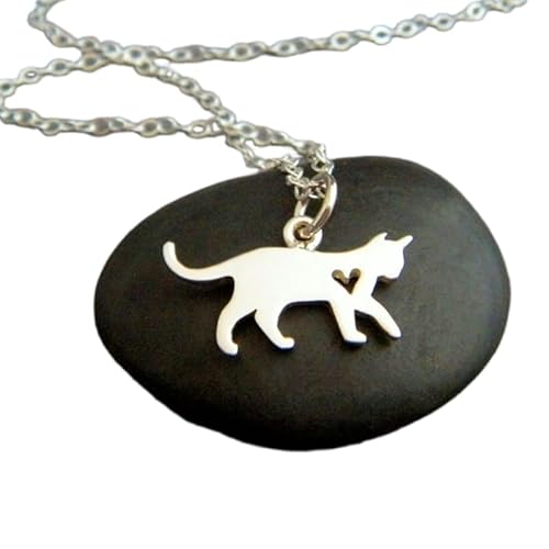 Halskette mit kleiner Katze aus 925er Sterlingsilber mit Herz|Anhänger „Pet Pride“|Katzenanhänger, Geschenk für Katzenbesitzer, Tierliebhaber|Schlichter Schmuck | mit 45,7 cm | versilbert | 0115 von LKBEADS