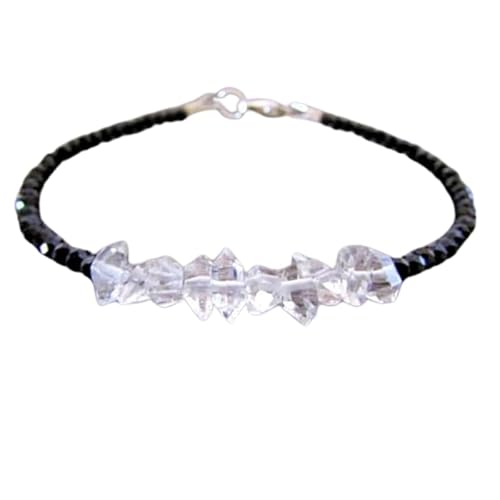 Herkimer-Diamant und schwarzer Spinell, 2–5 mm Rondell und facettierte Perlen in ausgefallener Form, 17,8 cm großes Armband mit versilbertem Verschluss für Männer und Frauen | LK_STACK_07799 von LKBEADS