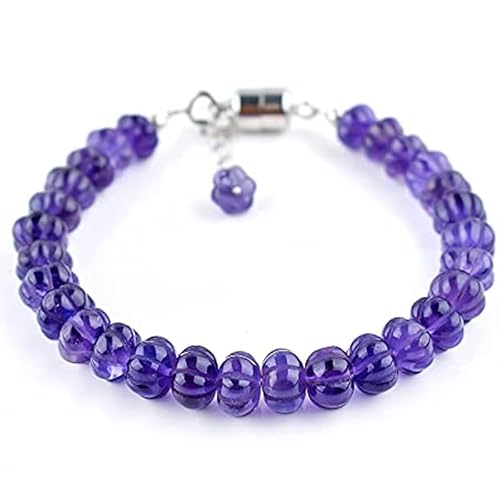 LKBEADS Amethyst 8 mm Kürbisform geschnitzte Schliffperlen 7 Zoll verstellbarer versilberter Verschluss Armband für Männer, Frauen|LK_STACK_00237 von LKBEADS
