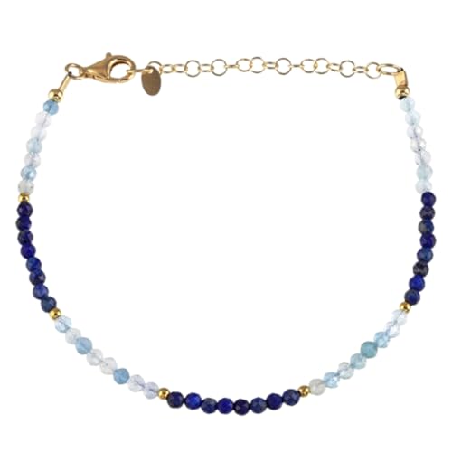 LKBEADS Armband aus Lapislazuli und Aquamarin, 3 mm, runde Form, facettierte Perlen, 17,8 cm, verstellbarer vergoldeter Verschluss, für Männer und Frauen|LK_STACK_08061 von LKBEADS