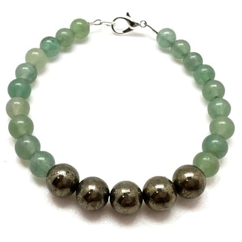 LKBEADS Armband aus Pyrit und grünem Aventurin, 6–8 mm, runde Form, glatt geschliffene Perlen, 17,8 cm, versilberter Verschluss, für Männer und Frauen|LK_STACK_08430 von LKBEADS