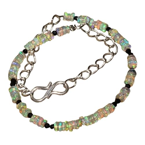 LKBEADS Armband aus äthiopischem Opal und schwarzem Spinell, 2–3 mm, Reifenform, facettiert und glatt geschliffen, 17,8 cm, verstellbarer versilberter Verschluss, für Männer und Frauen|LK_STACK_07523 von LKBEADS