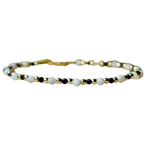 LKBEADS Armband aus schwarzem Spinell und weißer Jade, 2–2,5 mm, runde, facettierte Perlen, 17,8 cm, vergoldeter Verschluss, für Männer und Frauen|LK_STACK_07157 von LKBEADS