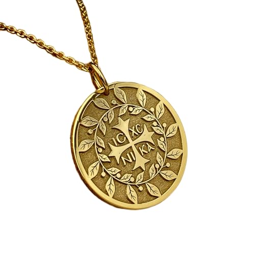LKBEADS Halskette aus 925er Sterlingsilber| 22–24 mm| 45|7 cm lange Kette| Kreuz-Münzkette| Schutzkreuz| griechisch-orthodoxer ICXC-Nika-Münzanhänger| Taufe| vergoldeter handgefertigter L_02320 von LKBEADS