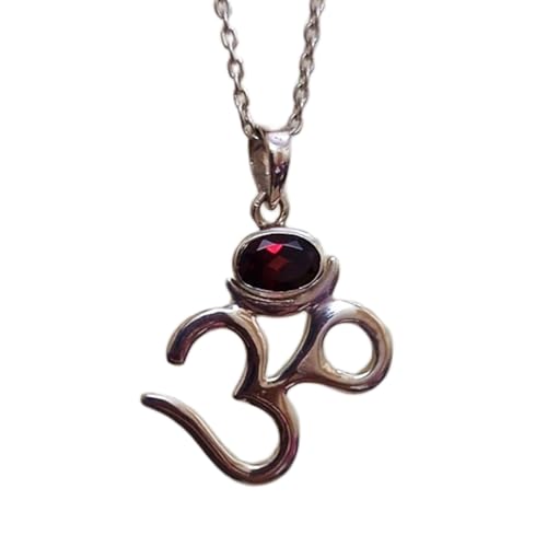 LKBEADS Natürlicher Granat 9 x 7 mm oval facettiert rot Anhänger 925 Sterling Silber Om Halskette mit 18 Zoll Kabelkette Energie Leidenschaft Schutz Wurzelchakra Geschenk Damen & Herren|gmpd_0166 von LKBEADS