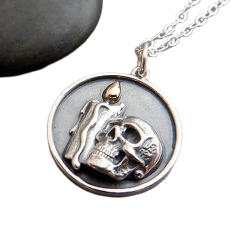 LKBEADS Totenkopf-Halskette aus 925er Sterlingsilber mit Kerzenständer-Flammen-Halskette und Bronze|Kleiner Halloween-Anhänger|Gothic-Schmuck|Makaberer Ghul-Tod-Anhänger als Geschenk | Mit 45,7 cm | von LKBEADS