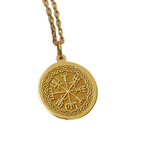 LKBEADS aus 925er Sterlingsilber| 22 mm 18-Zoll-Kette Wikinger-Kompass-Anhänger – Vegvisir Richtungsanhänger nordisch für Sie oder Ihn handgefertigt Vergoldung L_01730 von LKBEADS