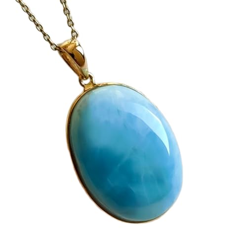 LKBEADS natürlicher Larimar 23x17 mm ovaler glatter blauer Anhänger 925 Sterling Silber Birnenhalskette mit 18 Zoll Kabelkette Heilenergie spiritueller Schmuck Geschenk Damen & Herren|gmpd_0264 von LKBEADS