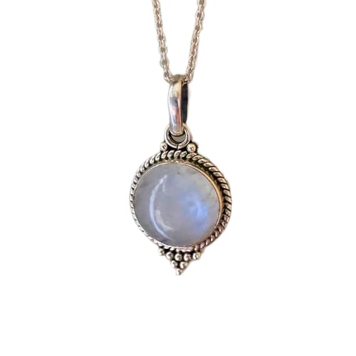 LKBEADS natürlicher Mondstein 19x19 mm rund glatt weiß Anhänger 925 Sterling Silber runde Halskette mit 18 Zoll Kabelkette Neuanfänge Intuition weibliche Energie Geschenk Schmuck|gmpd_0388 von LKBEADS