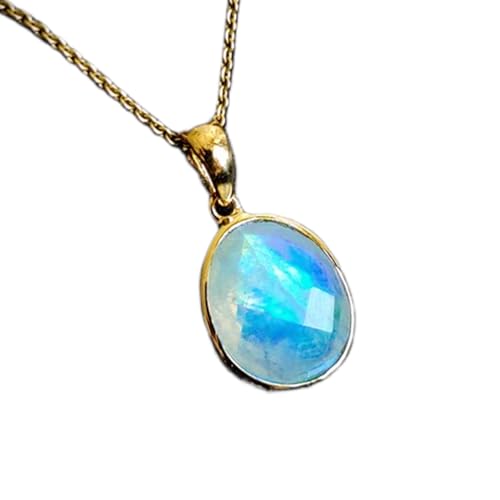 LKBEADS natürlicher Regenbogenmondstein 13x11 mm ovaler glatter blauer Anhänger 925 Sterling Silber ovale Halskette mit 18 Zoll Kabelkette Heilenergie spirituelles Schmuckgeschenk |gmpd_0295 von LKBEADS