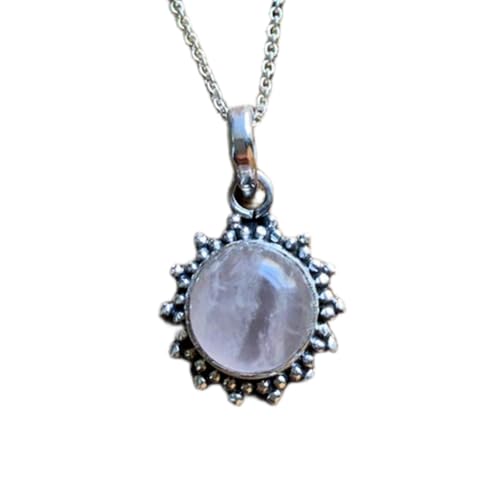 LKBEADS natürlicher Rosenquarz 18x18 mm rund glatt weiß Anhänger 925 Sterling Silber Blumenkette mit 18 Zoll Kabelkette Heilenergie spiritueller Schmuck Geschenk |gmpd_0391 von LKBEADS