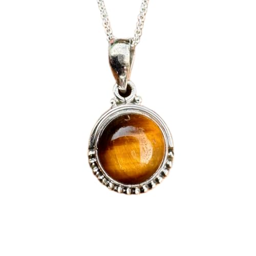LKBEADS natürlicher Tigerauge 18x18 mm rund glatt braun Anhänger 925 Sterling Silber runde Halskette mit 18 Zoll Kabelkette Heilenergie spiritueller Schmuck Geschenk Frauen|gmpd_0403 von LKBEADS