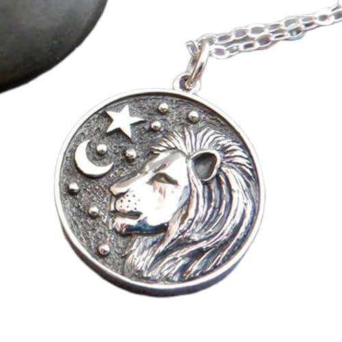 Löwe-Halskette aus 925er Sterlingsilber. Sternzeichen Löwe. Astrologisches Astrologiesymbol. Herrschender Himmelskörper, Sonne, doppelseitiges Münzdesign | mit 18-Zoll-Kette | versilbert | L_PN_0250 von LKBEADS