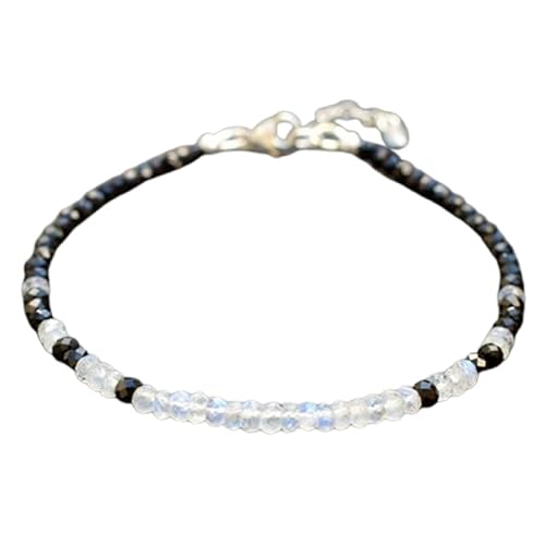 Regenbogen-Mondstein und schwarzer Spinell, 3 mm, Rondellform, facettierte Perlen, 17,8 cm, verstellbarer versilberter Verschluss, Armband für Männer und Frauen | LK_STACK_08450 von LKBEADS