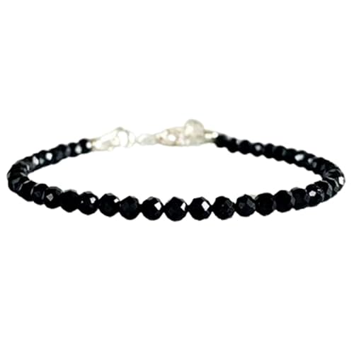 Schwarzer Spinell, 4 mm, runde Form, facettierte Perlen, 17,8 cm, versilberter Verschluss, Armband für Männer und Frauen | LK_STACK_01276 von LKBEADS