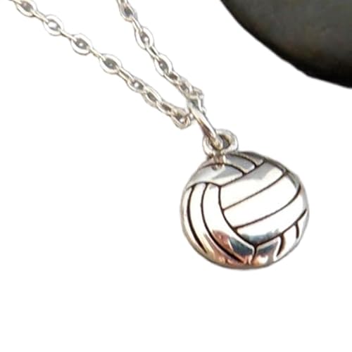 Volleyball-Halskette aus 925er Sterlingsilber, kleiner gewölbter Charm, Sportfan-Anhänger, Team-Athleten-Charm, Damenschmuck, zierliches Geschenk für sie | mit 45,7 cm langer Kette | versilbert | von LKBEADS