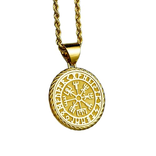 halskette aus 925er Sterlingsilber| 22 mm 18-Zoll-Kette Vegvisir- nordischer Kompass-Mythologie-Schmuck Wikinger-Schutzamulett Wikinger-Kompass-Medaille heidnischer vergoldet| handgefertigt LG_00371 von LKBEADS