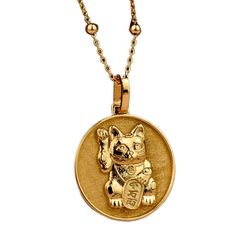 halskette aus 925er Sterlingsilber| 24 mm 18-Zoll-Kette Schmuck mit winkender Maneki Neko Glückskatzen Winkarm einer chinesischen japanischer Katzen Glückskatze handgefertigte Vergoldung LG_00479 von LKBEADS