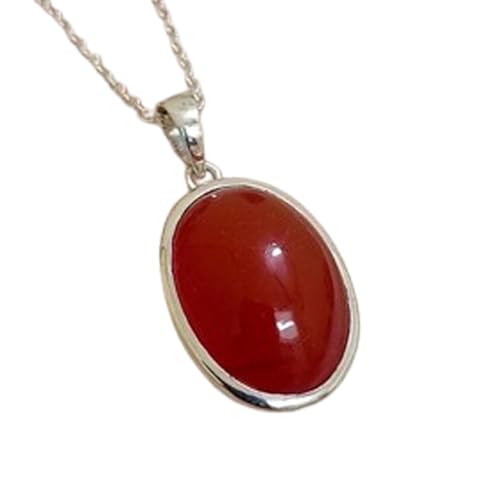 natürlicher Karneol, 28 x 15 mm, oval, glatt, rot, Anhänger, ovale Halskette aus 925er Sterlingsilber mit 45,7 cm langer Ankerkette, heilende Energie, spiritueller Schmuck, Geschenk für Frauen von LKBEADS