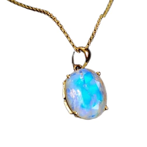 natürlicher Regenbogen-Mondstein, 12 x 10 mm, oval, glatt, blau, Anhänger, 925er Sterlingsilber, runde Halskette mit 18 Zoll Kabelkette, heilende Energie, spirituelles Schmuckgeschenk |gmpd_0309 von LKBEADS