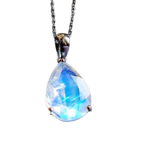 natürlicher Regenbogen-Mondstein, 15 x 11 mm, birnenförmig facettiert, blauer Anhänger, 925er Sterlingsilber, Birnenkette mit 18 Zoll Kabelkette, heilende Energie, spiritueller Schmuck, Geschenk von LKBEADS