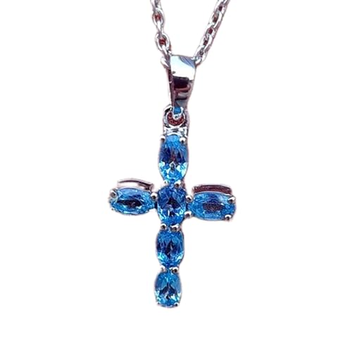 natürlicher blauer Topas, 28 x 13 mm, ovaler facettierter blauer Anhänger, 925er Sterlingsilber, Kreuzkette mit 18 Zoll Kabelkette, heilende Energie, spiritueller Schmuck, Geschenk für Frauen|_0185 von LKBEADS