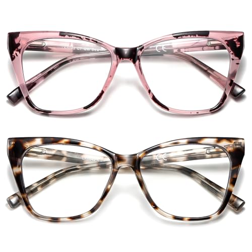 LKEYE Bifokale Lesebrille für Damen, Katzenauge, blaues Licht, progressive Lesebrille, transparent, stilvoll, übergroß, Leser (Weiße Schildkröte + Demi Rosa) von LKEYE