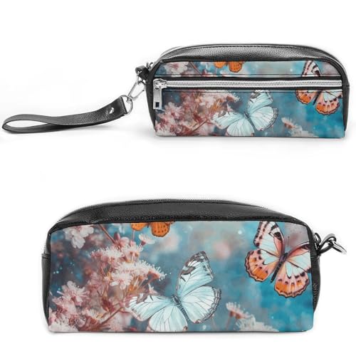 A Group of Butterflies Federmäppchen, großes Fassungsvermögen, Leder-Federmäppchen mit Reißverschluss, tragbare kleine Make-up-Tasche, Bürobedarf-Organizer für Damen und Herren von LKHDS