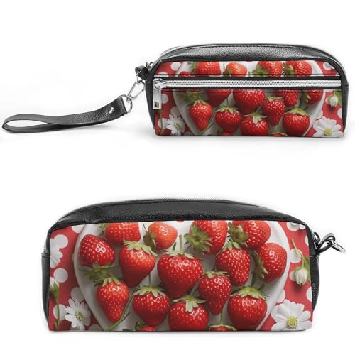 A Plate of Strawberries Federmäppchen, großes Fassungsvermögen, Leder-Federmäppchen mit Reißverschluss, tragbare kleine Make-up-Tasche, Bürobedarf-Organizer für Damen und Herren von LKHDS