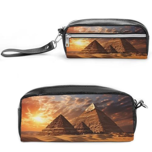 Ägyptische Pyramiden Federmäppchen, großes Fassungsvermögen, Leder-Federmäppchen mit Reißverschluss, tragbare kleine Make-up-Tasche, Bürobedarf-Organizer für Damen und Herren von LKHDS